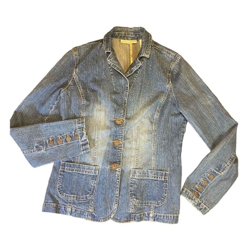 Blue Denim Jean Blazer Jacket Crazy Horse Women's (M) Pink Trim Button up &cuff